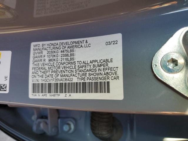1HGCV1F35NA036422 - 2022 HONDA ACCORD SPORT ნაცრისფერი ფოტო 12
