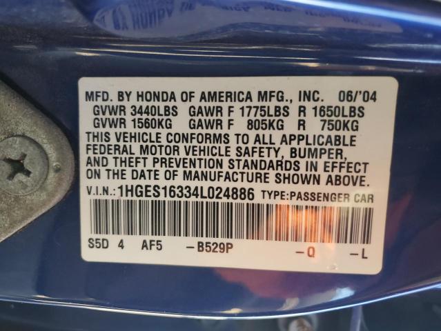 1HGES16334L024886 - 2004 HONDA CIVIC DX VP Azul foto 12