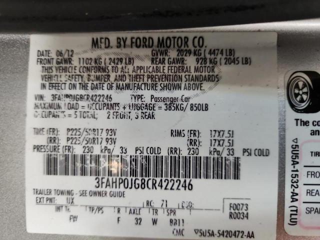 3FAHP0JG8CR422246 - 2012 FORD FUSION SEL ვერცხლისფერი ფოტო 12