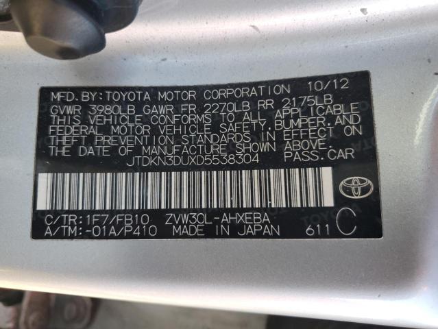 JTDKN3DUXD5538304 - 2013 TOYOTA PRIUS SILVER photo 13