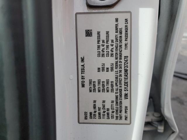 5YJ3E1EA5NF372478 - 2022 TESLA MODEL 3 Սպիտակ լուսանկար 12