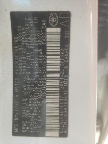 2T1BU4EE9AC470625 - 2010 TOYOTA COROLLA BASE WHITE photo 12