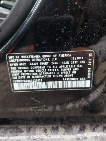 1VWBN7A38CC022629 - 2012 VOLKSWAGEN PASSAT SE შავი ფოტო 12
