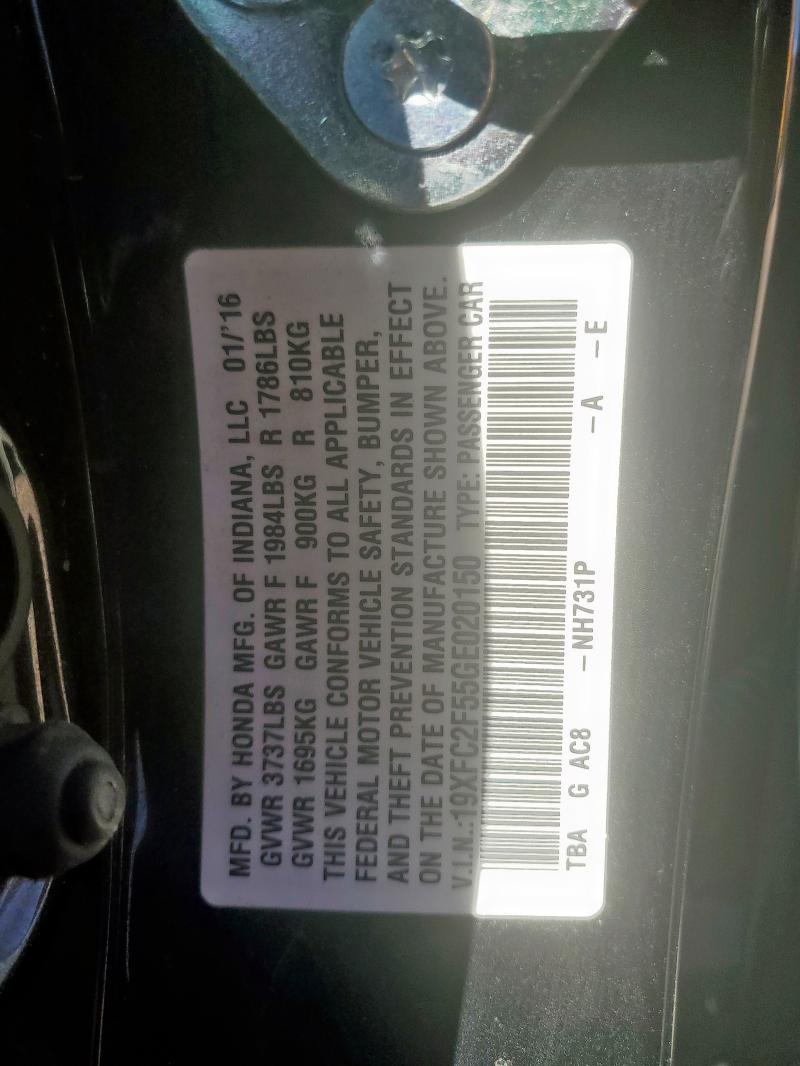 19XFC2F55GE020150 - 2016 HONDA CIVIC LX BLACK photo 12