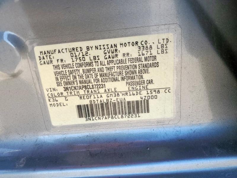 3N1CN7AP8CL872231 - 2012 NISSAN VERSA S Silber Foto 12