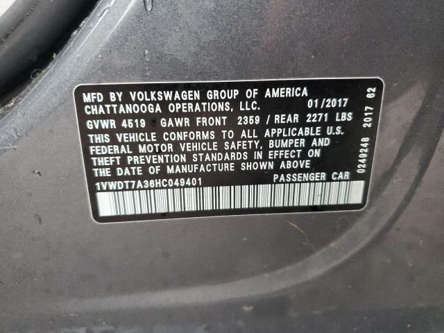 1VWDT7A36HC049401 - 2017 VOLKSWAGEN PASSAT R-LINE Մոխրագույն լուսանկար 12