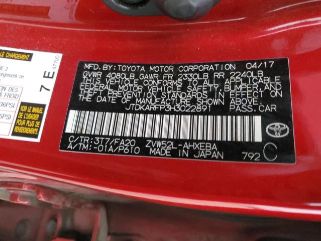 JTDKARFP3H3022891 - 2017 TOYOTA PRIUS PRIM 红色 照片 12