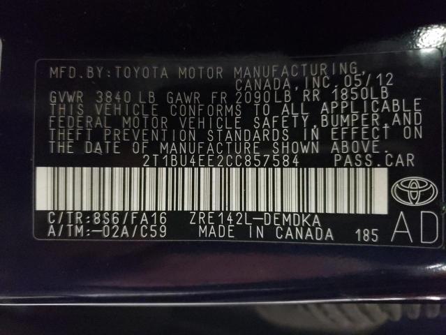 2T1BU4EE2CC857584 - 2012 TOYT COROLLA BASE أزرق صورة 12