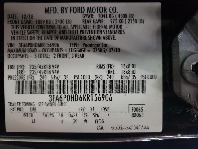 3FA6P0HD6KR156906 - 2019 FORD FUSION SE CHARCOAL photo 12