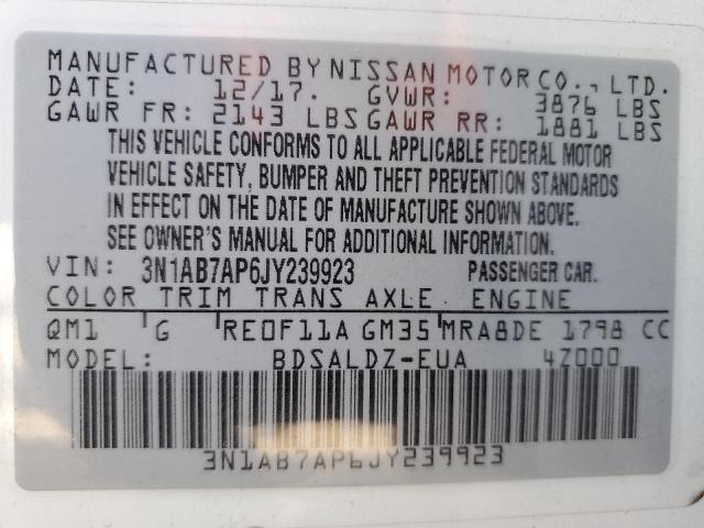 3N1AB7AP6JY239923 - 2018 NISSAN SENTRA S WHITE photo 12