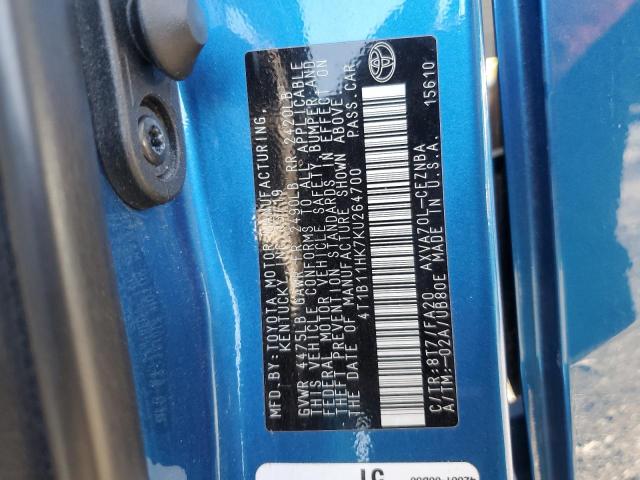 4T1B11HK7KU264700 - 2019 TOYOTA CAMRY L ლურჯი ფოტო 12