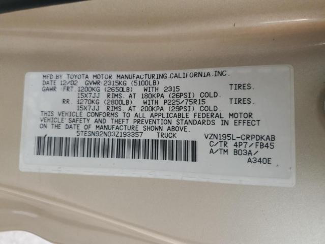 5TESN92N03Z193357 - 2003 TOYOTA TACOMA XTRACAB PRERUNNER თაფლისფერი ფოტო 12