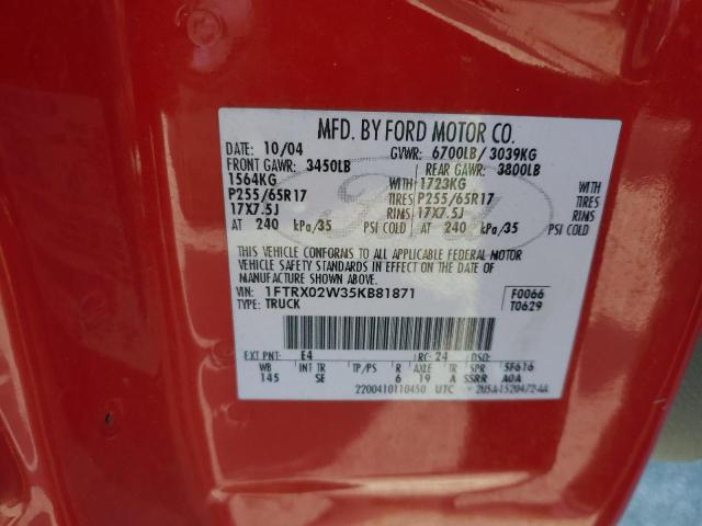 1FTRX02W35KB81871 - 2005 FORD F150 红色 照片 12