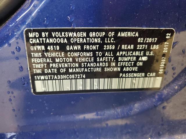 1VWGT7A33HC057274 - 2017 VOLKSWAGEN PASSAT SE 蓝色 照片 12