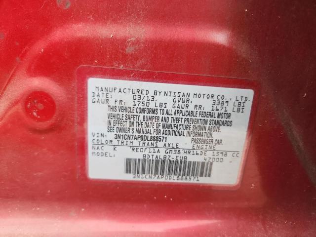 3N1CN7AP0DL888571 - 2013 NISSAN VERSA S RED photo 12