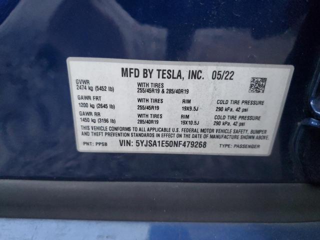 5YJSA1E50NF479268 - 2022 TESLA MODEL S BLUE photo 13