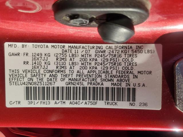 5TELU42N08Z511267 - 2008 TOYOTA TACOMA DOUBLE CAB BURGUNDY photo 12