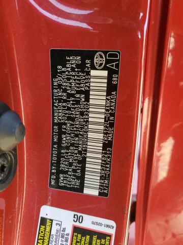 2T1BURHE0KC183202 - 2019 TOYOTA COROLLA L წითელი ფოტო 12