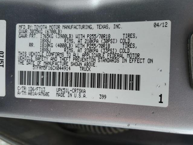 5TFRM5F16CX044914 - 2012 TOYOTA TUNDRA DOUBLE CAB SR5 SILVER photo 12