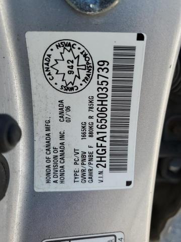 2HGFA16506H035739 - 2006 HONDA CIVIC LX SILVER photo 12