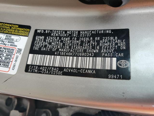 4T1BE46K77U680343 - 2007 TOYOTA CAMRY CE 米色 照片 12