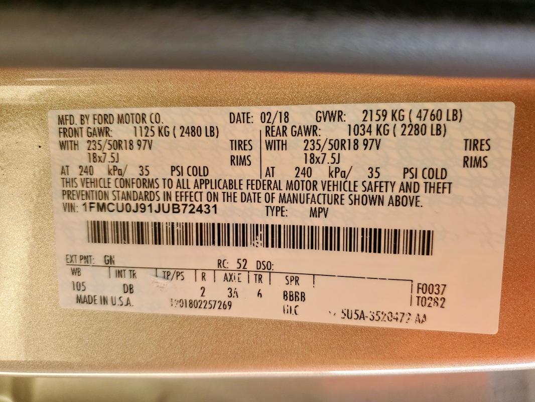 1FMCU0J91JUB72431 - 2018 FORD ESCAPE TITANIUM GOLD photo 14