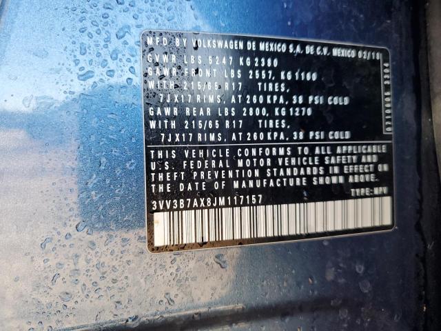 3VV3B7AX8JM117157 - 2018 VOLKSWAGEN TIGUAN SE Синий фото 12