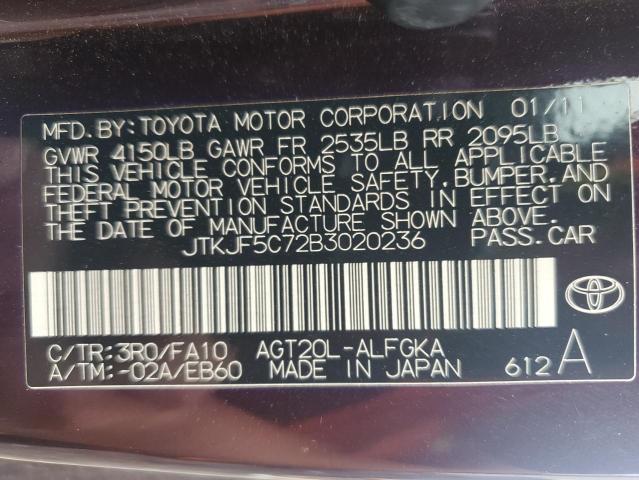 JTKJF5C72B3020236 - 2011 TOYOTA SCION TC იასამნისფერი ფოტო 12