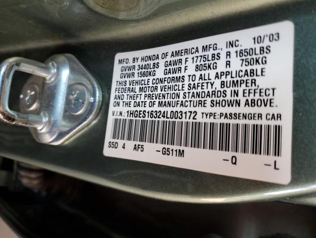 1HGES16324L003172 - 2004 HONDA CIVIC DX VP მწვანე ფოტო 12