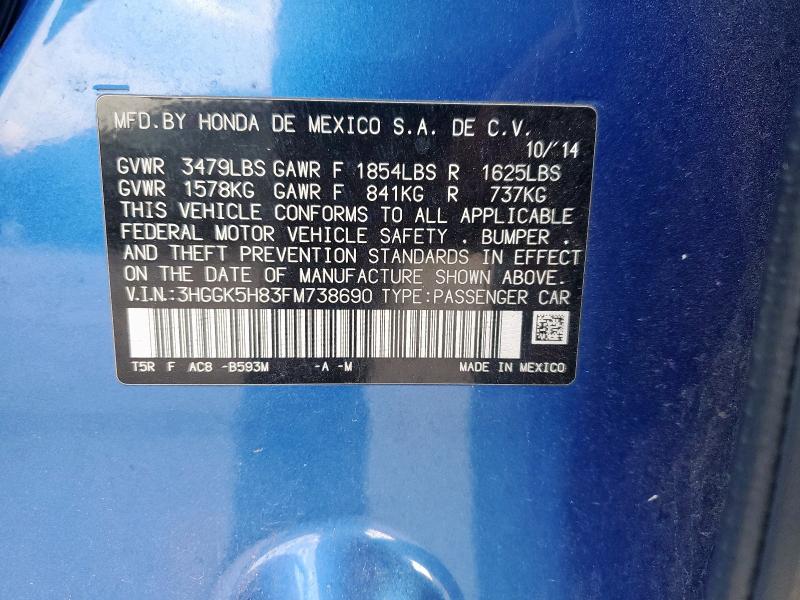 3HGGK5H83FM738690 - 2015 HONDA FIT EX BLUE photo 13