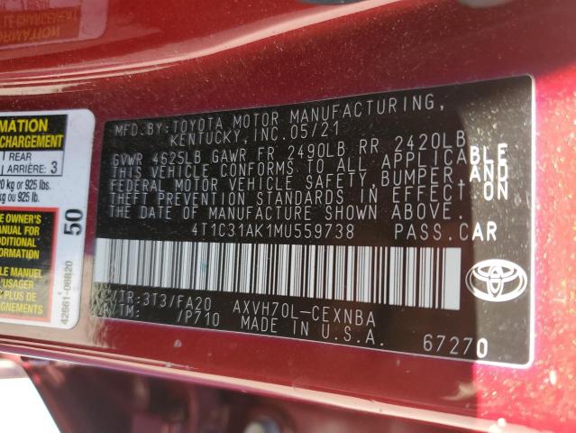 4T1C31AK1MU559738 - 2021 TOYOTA CAMRY LE BURGUNDY photo 12