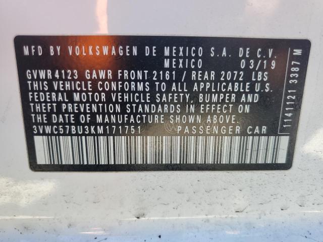 3VWC57BU3KM171751 - 2019 VOLKSWAGEN JETTA S თეთრი ფოტო 12