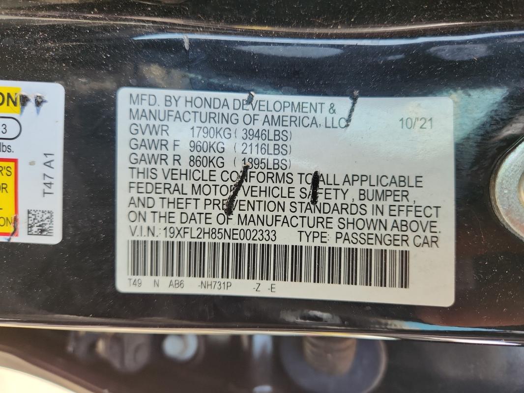 19XFL2H85NE002333 - 2022 HONDA CIVIC SPORT შავი ფოტო 13