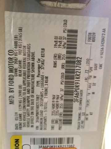 3FA6P0K91KR217082 - 2019 FORD FUSION TITANIUM SILVER photo 12