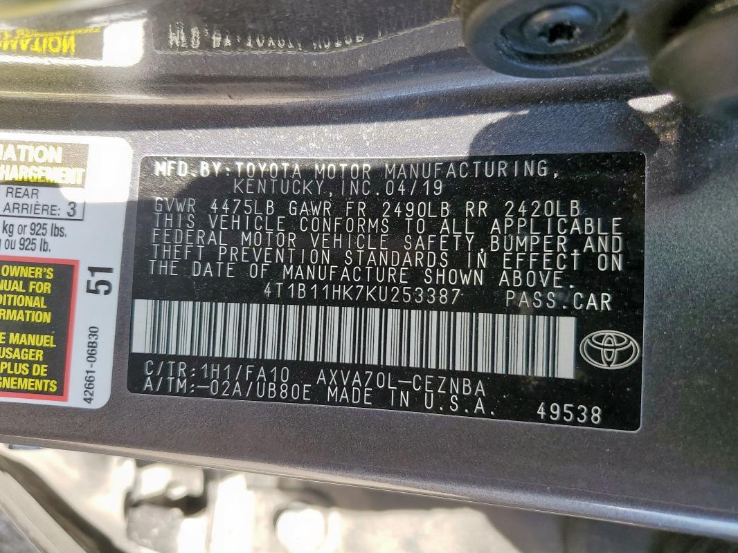 4T1B11HK7KU253387 - 2019 TOYOTA CAMRY L GRAY photo 13