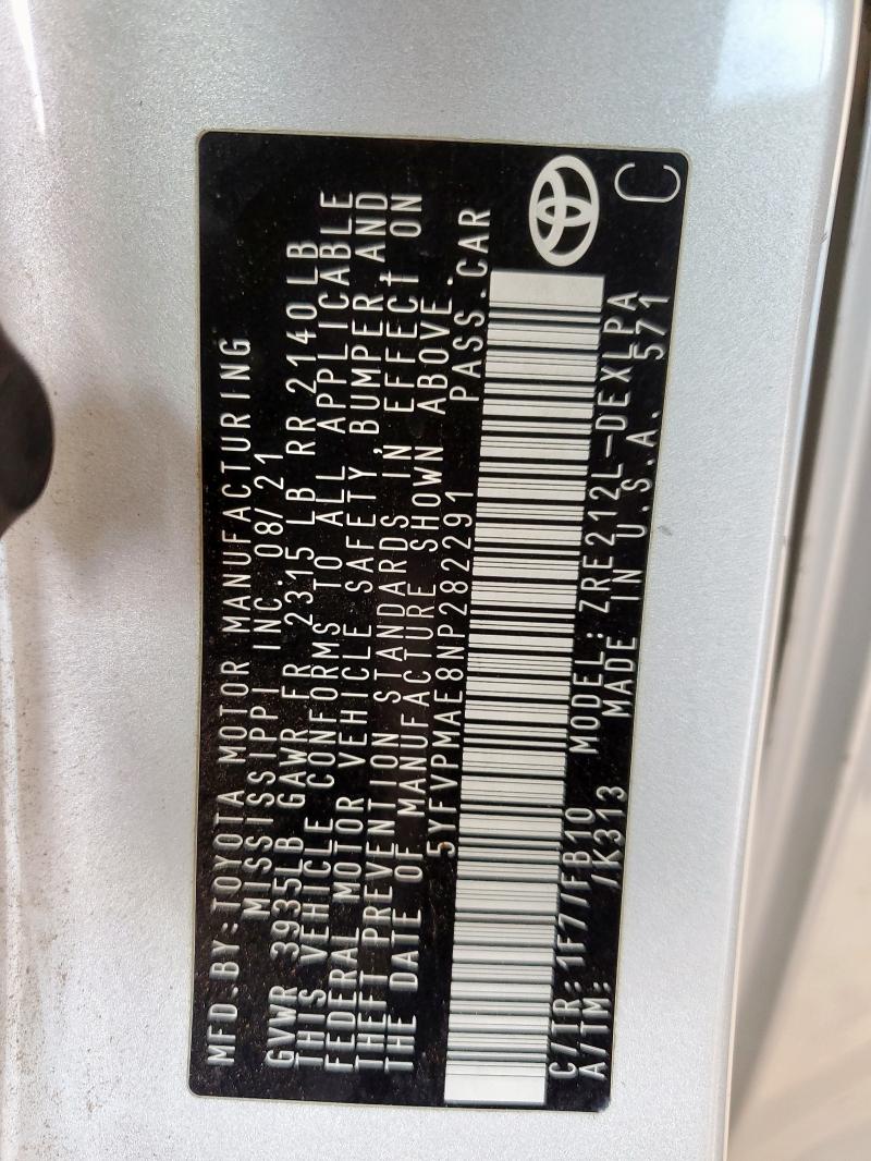 5YFVPMAE8NP282291 - 2022 TOYOTA COROLLA LE 银色 照片 13