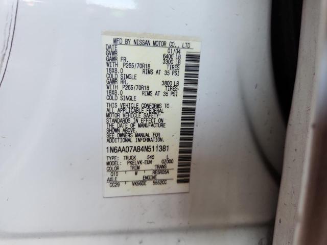 1N6AA07A84N511381 - 2004 NISSAN TITAN XE თეთრი ფოტო 12