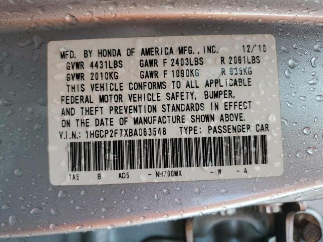 1HGCP2F7XBA063548 - 2011 HONDA ACCORD EX SILVER photo 12