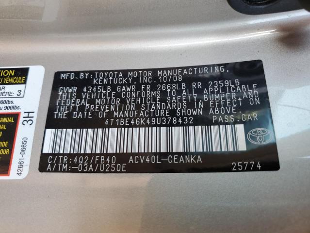 4T1BE46K49U378432 - 2009 TOYOTA CAMRY BASE ბეჟი ფოტო 12