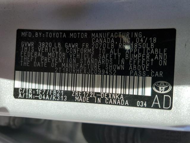 2T1BURHEXJC099452 - 2018 TOYOTA COROLLA L ვერცხლისფერი ფოტო 13