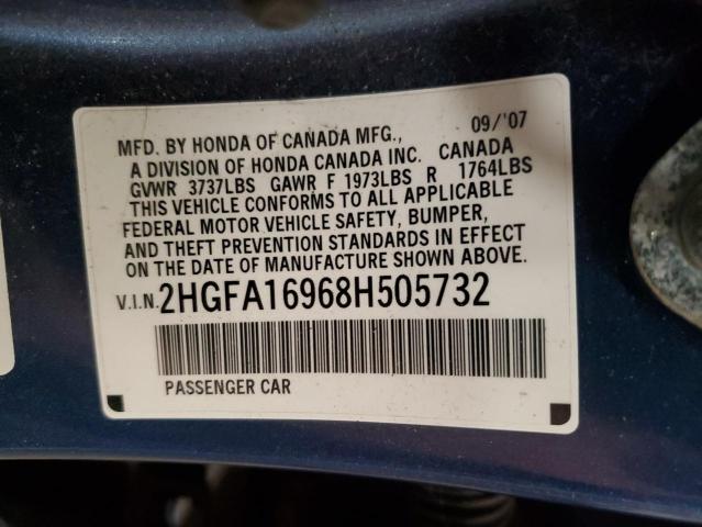 2HGFA16968H505732 - 2008 HONDA CIVIC EXL 蓝色 照片 12