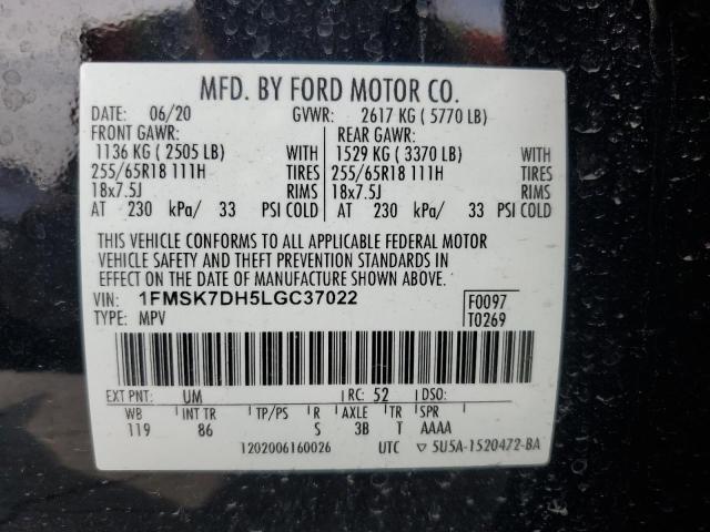 1FMSK7DH5LGC37022 - 2020 FORD EXPLORER XLT 黑色 照片 13