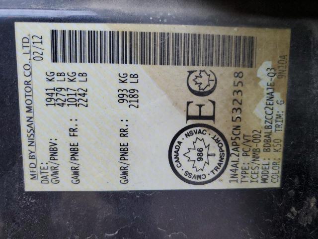 1N4AL2AP5CN532358 - 2012 NISSAN ALTIMA BASE 黑色 照片 12