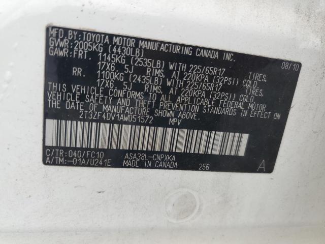 2T3ZF4DV1AW051572 - 2010 TOYOTA RAV4 WHITE photo 13