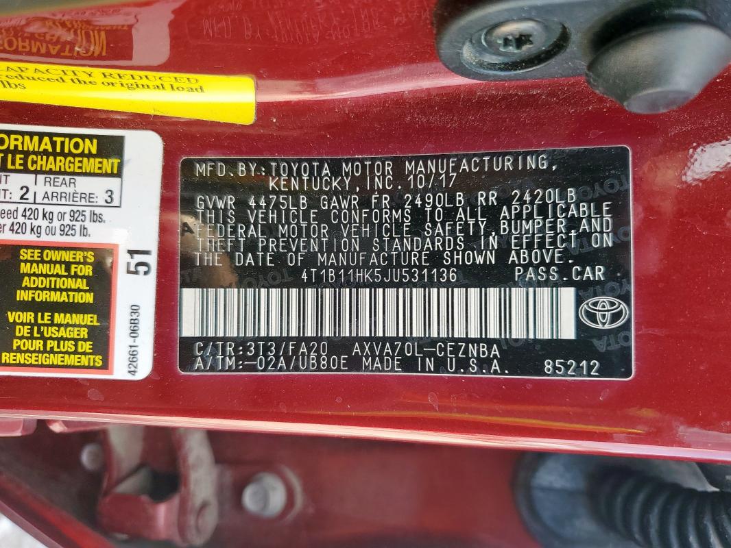 4T1B11HK5JU531136 - 2018 TOYOTA CAMRY L Kastanienbraun Foto 13