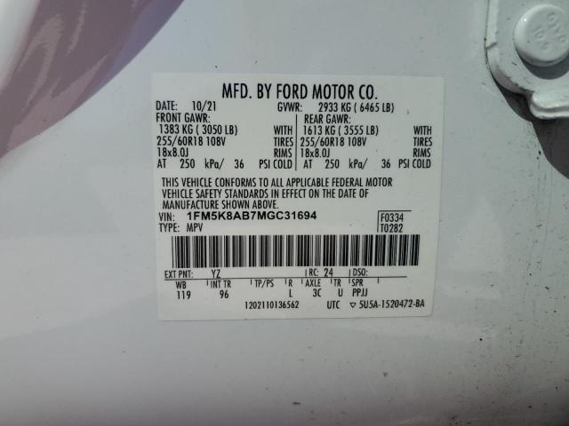 1FM5K8AB7MGC31694 - 2021 FORD EXPLORER POLICE INTERCEPTOR Ağ foto 12