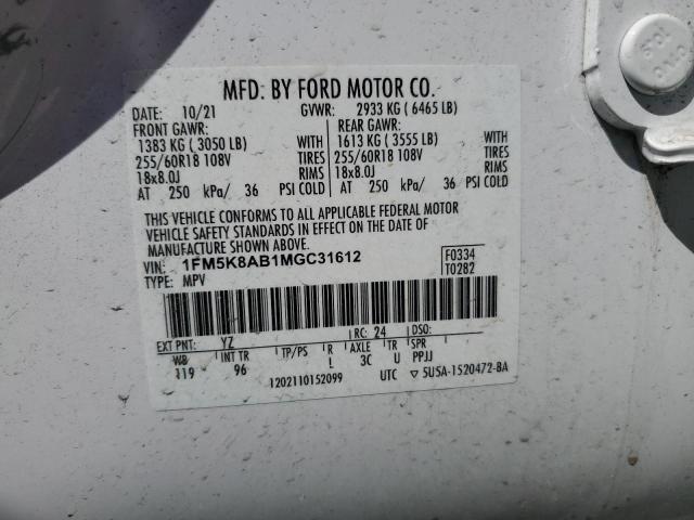 1FM5K8AB1MGC31612 - 2021 FORD EXPLORER POLICE INTERCEPTOR 白色 照片 13