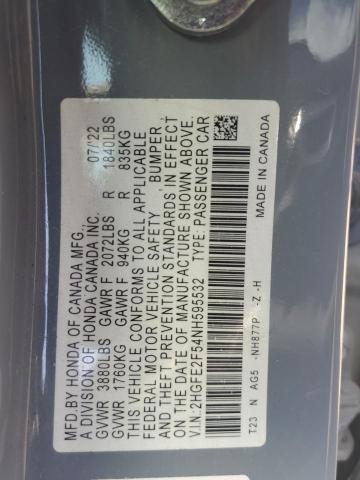2HGFE2F54NH595532 - 2022 HONDA CIVIC SPORT GRAY photo 13