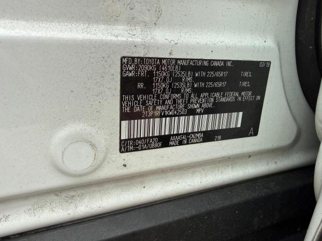 2T3P1RFV1KW042503 - 2019 TOYOTA RAV4 XLE WHITE photo 10