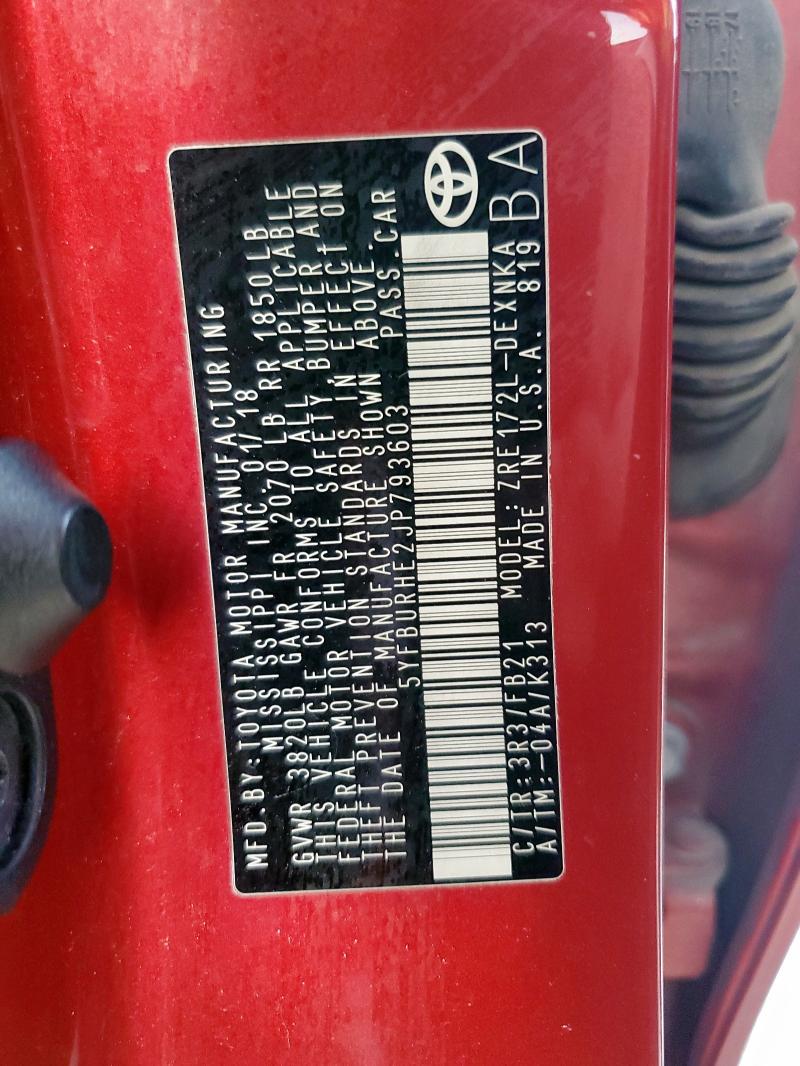 5YFBURHE2JP793603 - 2018 TOYOTA COROLLA L წითელი ფოტო 13